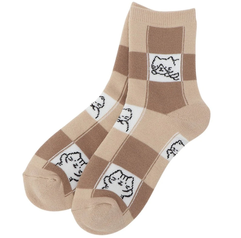ふわふわ猫ブロック柄ソックス
