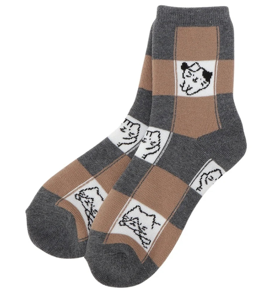 ふわふわ猫ブロック柄ソックス