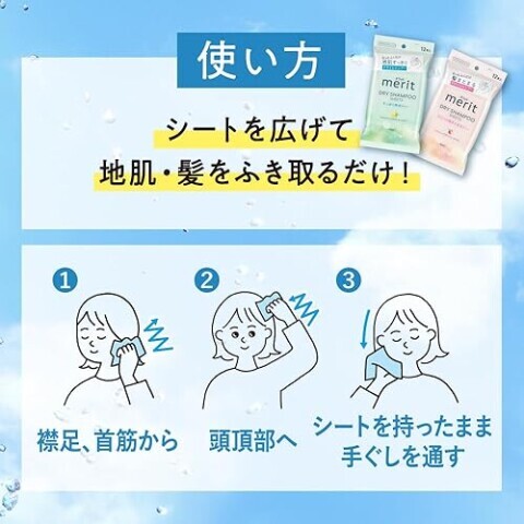 花王 KAO メリット DAY+ ドライシャンプー ウェットティッシュ 12枚入り 爽やかレモンの香り 爽やかピーチの香り