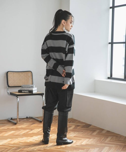 粗條紋破洞針織