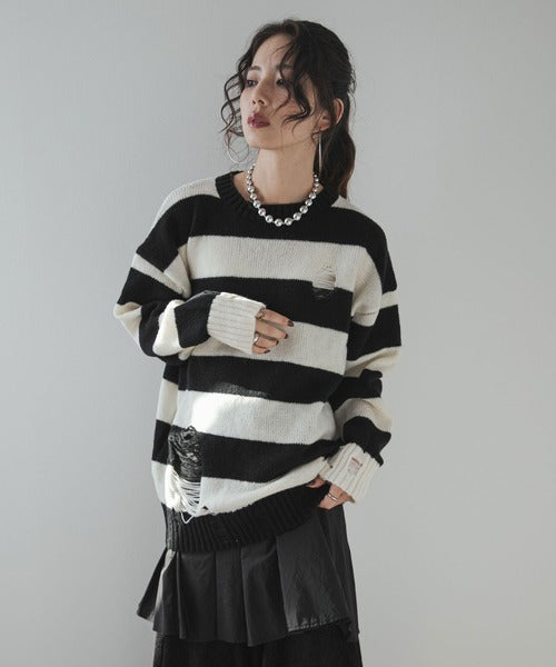 粗條紋破洞針織