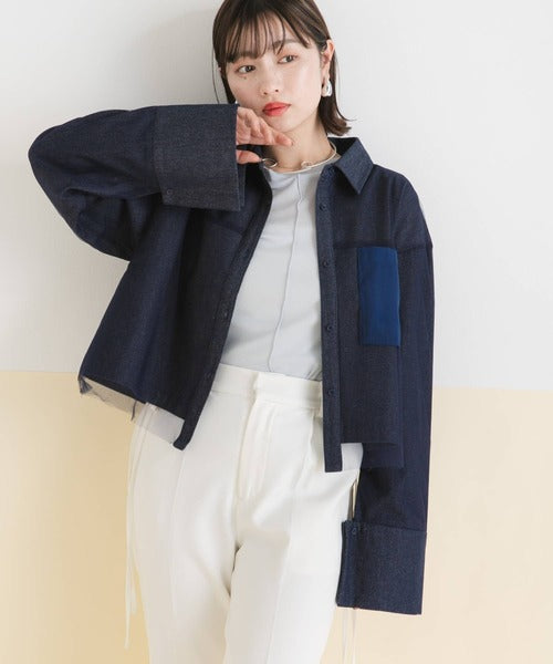牛仔薄紗短襯衫