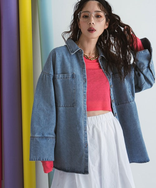 Denim shirt jacket with oversized cuffs