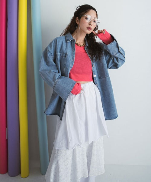 Denim shirt jacket with oversized cuffs