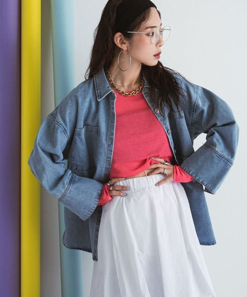 Denim shirt jacket with oversized cuffs