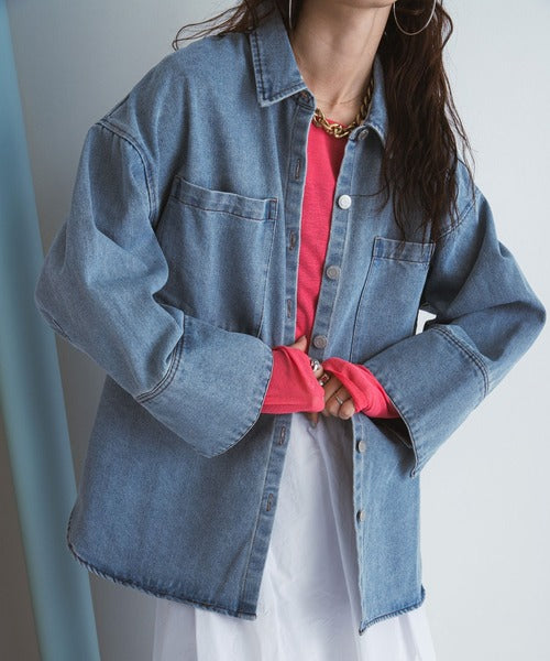 Denim shirt jacket with oversized cuffs