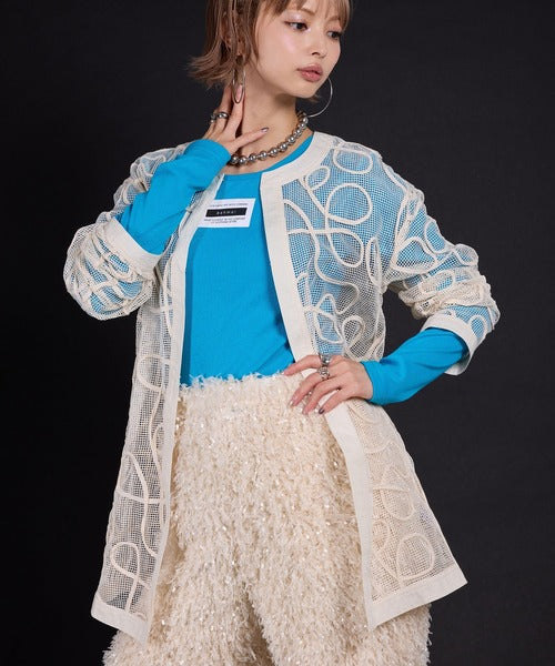Cord-embroidered mesh waist cardigan