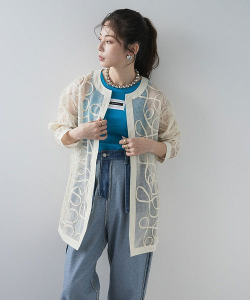 Cord-embroidered mesh waist cardigan