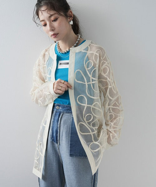 Cord-embroidered mesh waist cardigan