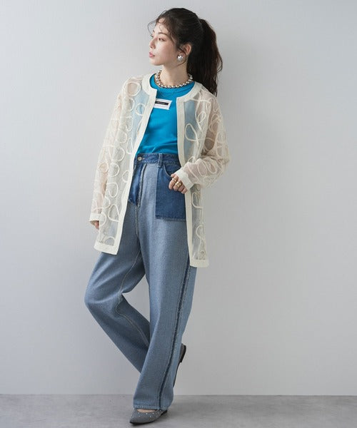 Cord-embroidered mesh waist cardigan