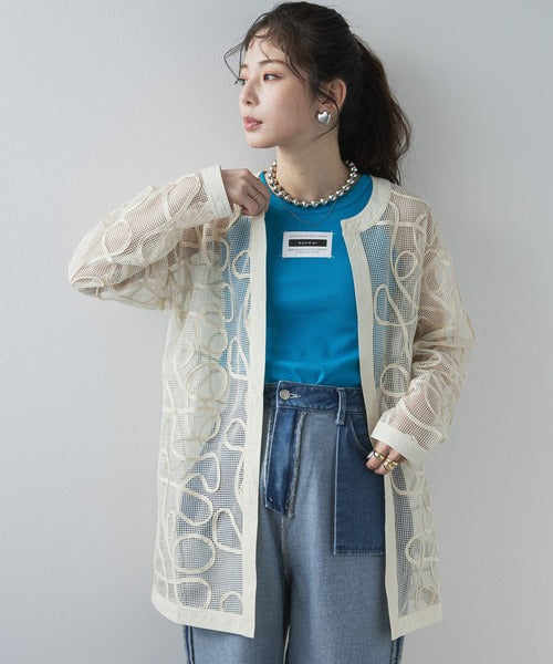Cord-embroidered mesh waist cardigan