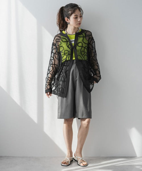 Cord-embroidered mesh waist cardigan
