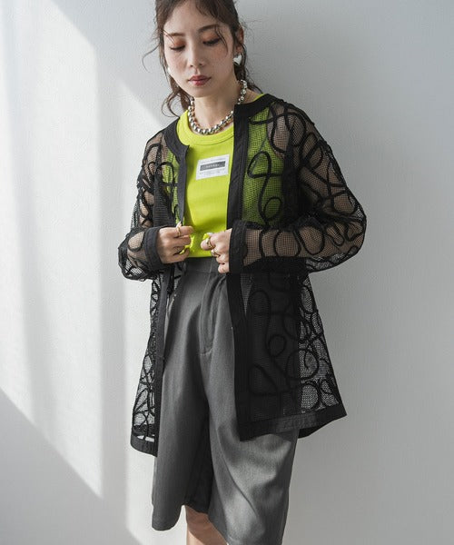 Cord-embroidered mesh waist cardigan