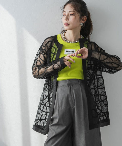 Cord-embroidered mesh waist cardigan