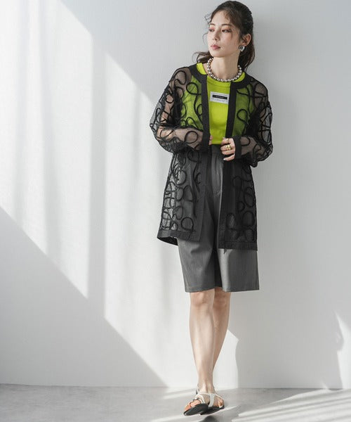 Cord-embroidered mesh waist cardigan