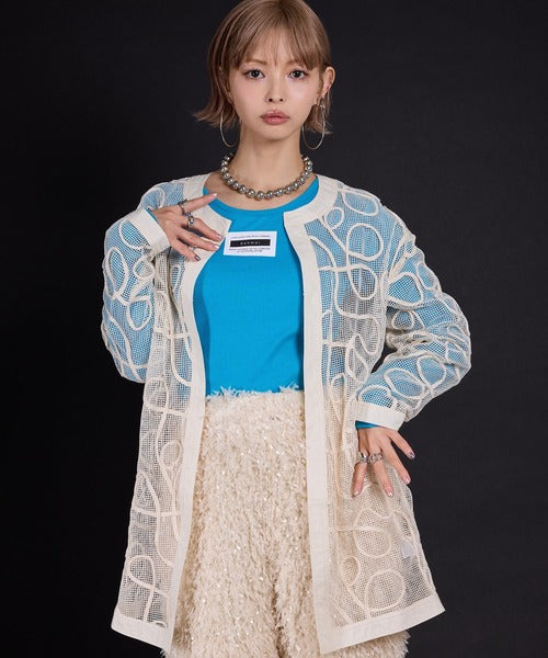 Cord-embroidered mesh waist cardigan