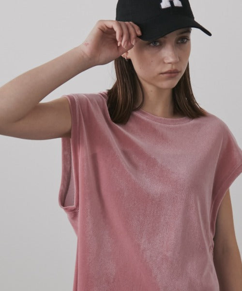 透け感のあるフロック加工のオーバーサイズノースリーブTシャツ