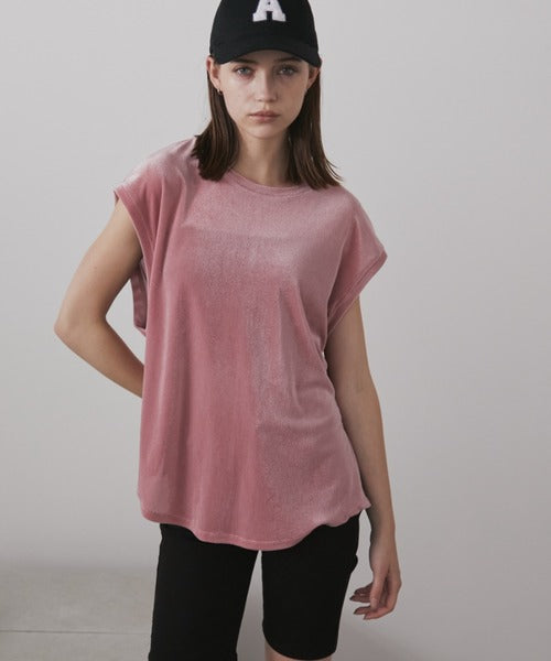 透け感のあるフロック加工のオーバーサイズノースリーブTシャツ