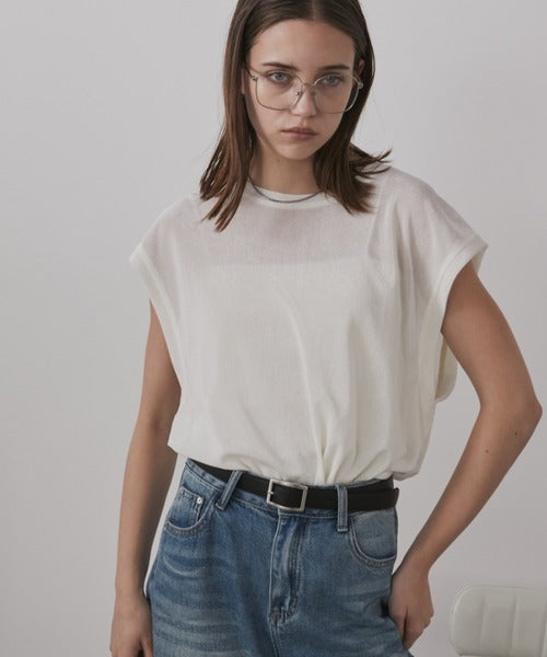 透け感のあるフロック加工のオーバーサイズノースリーブTシャツ