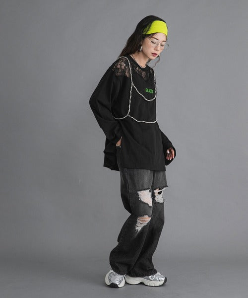 Lace-butted oversized long T-shirt