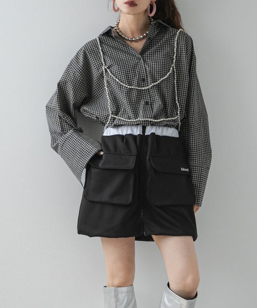 Original embroidered balloon mini skirt with flap and three-dimensional pockets