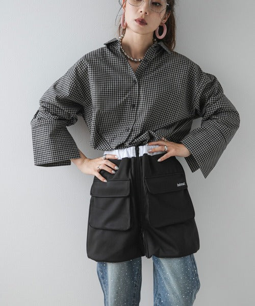 Original embroidered balloon mini skirt with flap and three-dimensional pockets