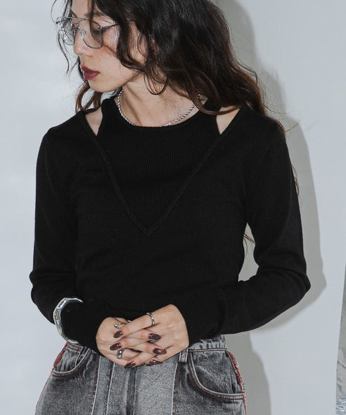 Faux Layered V-Neck Knit Sweater
