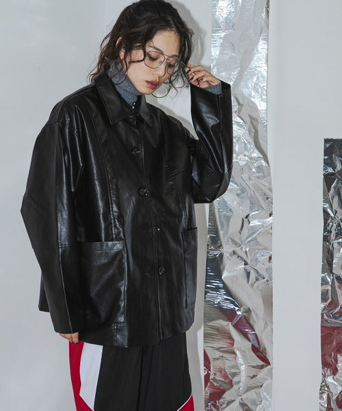 Oversized faux leather loose-fitting jacket