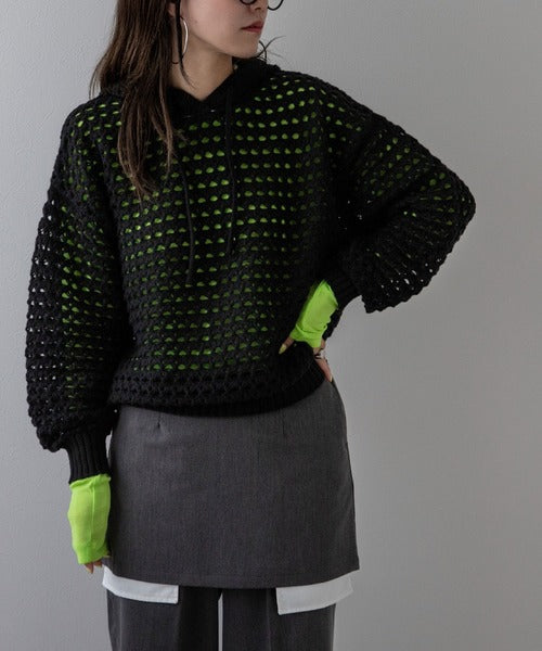 Openwork Mesh Hooded Pullover Knit