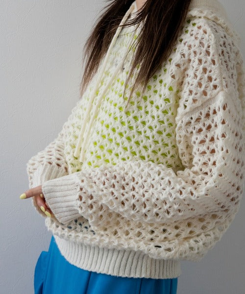 Openwork Mesh Hooded Pullover Knit