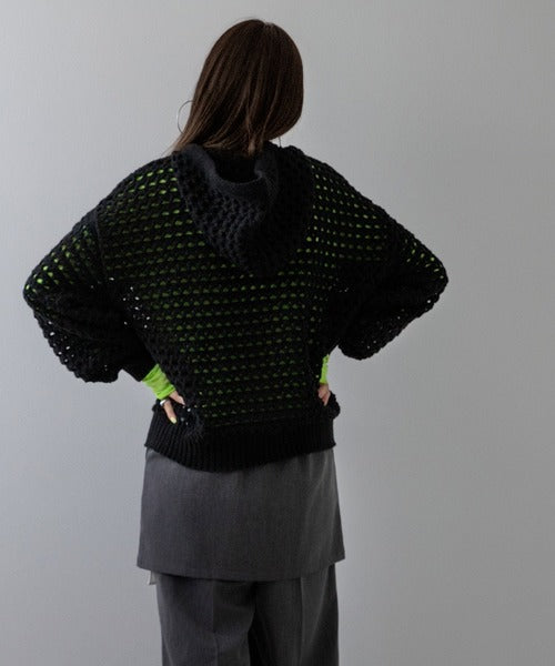 Openwork Mesh Hooded Pullover Knit