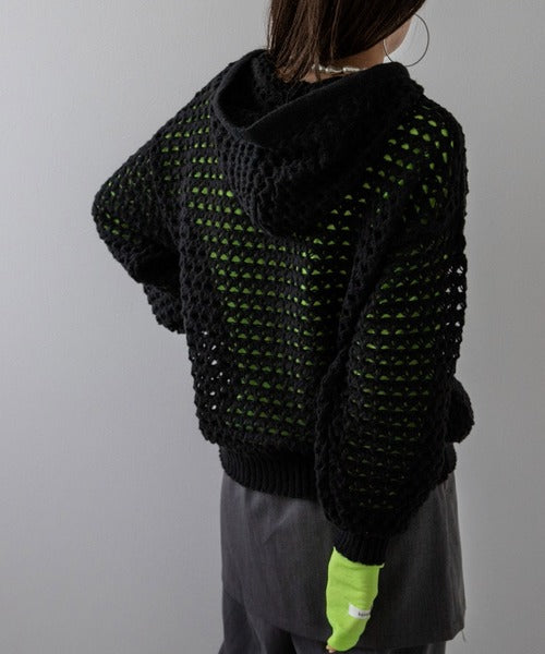 Openwork Mesh Hooded Pullover Knit