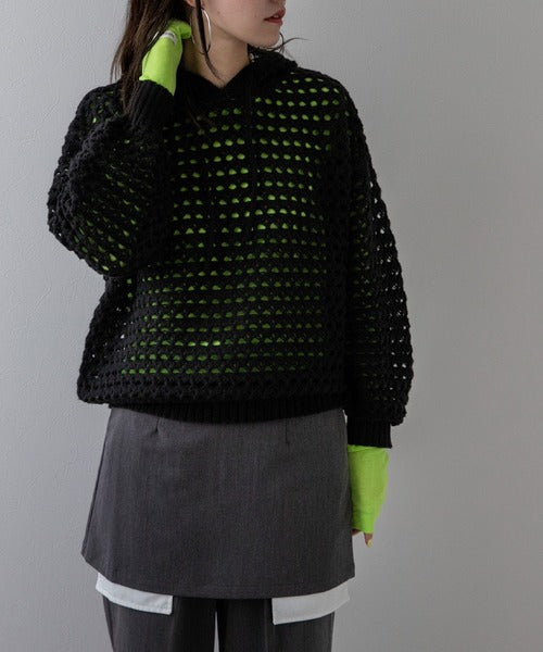 Openwork Mesh Hooded Pullover Knit