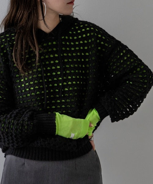 Openwork Mesh Hooded Pullover Knit
