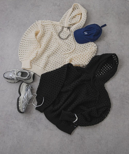 Openwork Mesh Hooded Pullover Knit