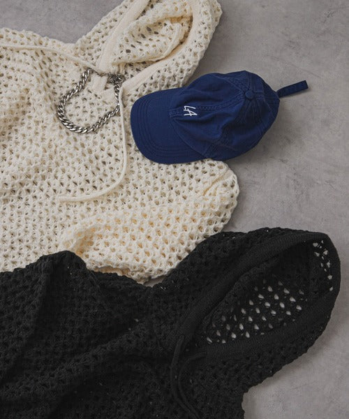 Openwork Mesh Hooded Pullover Knit