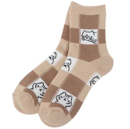 ふわふわ猫ブロック柄ソックス
