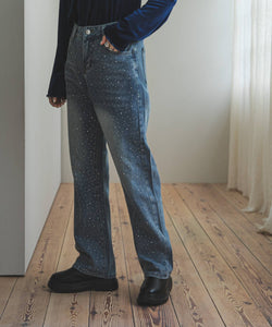 High-waisted loose rhinestone straight-leg jeans