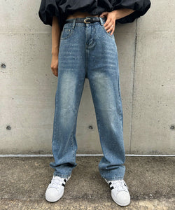 High-waisted loose rhinestone straight-leg jeans