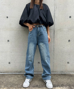 High-waisted loose rhinestone straight-leg jeans