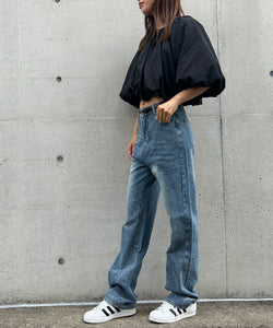 High-waisted loose rhinestone straight-leg jeans