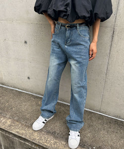 High-waisted loose rhinestone straight-leg jeans