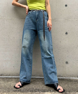 High-waisted loose rhinestone straight-leg jeans