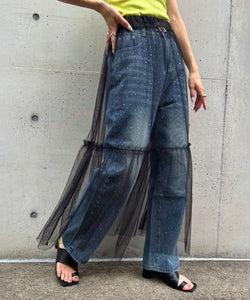 High-waisted loose rhinestone straight-leg jeans
