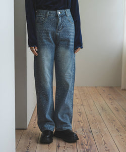 High-waisted loose rhinestone straight-leg jeans