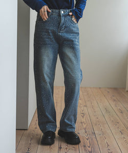High-waisted loose rhinestone straight-leg jeans