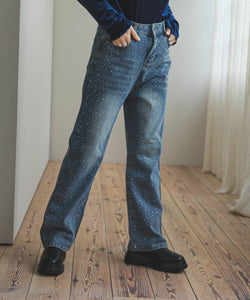 High-waisted loose rhinestone straight-leg jeans