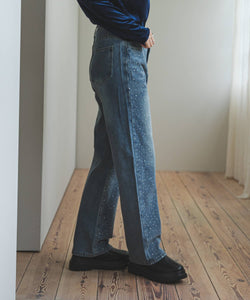 High-waisted loose rhinestone straight-leg jeans