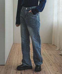 High-waisted loose rhinestone straight-leg jeans