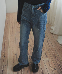 High-waisted loose rhinestone straight-leg jeans